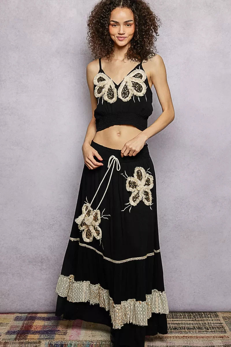 POL Embroidered Fringe V-Neck Cropped Cami