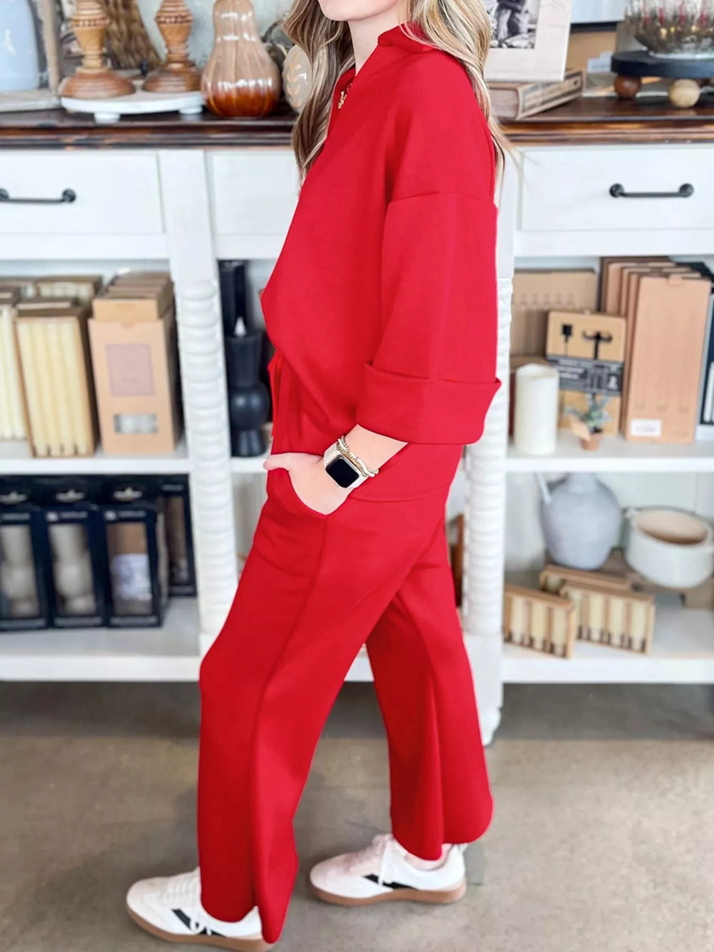 Polo Collar V Neck 3/4 Sleeve Pullover Drawstring Bell Bottom Pants 2pcs Set