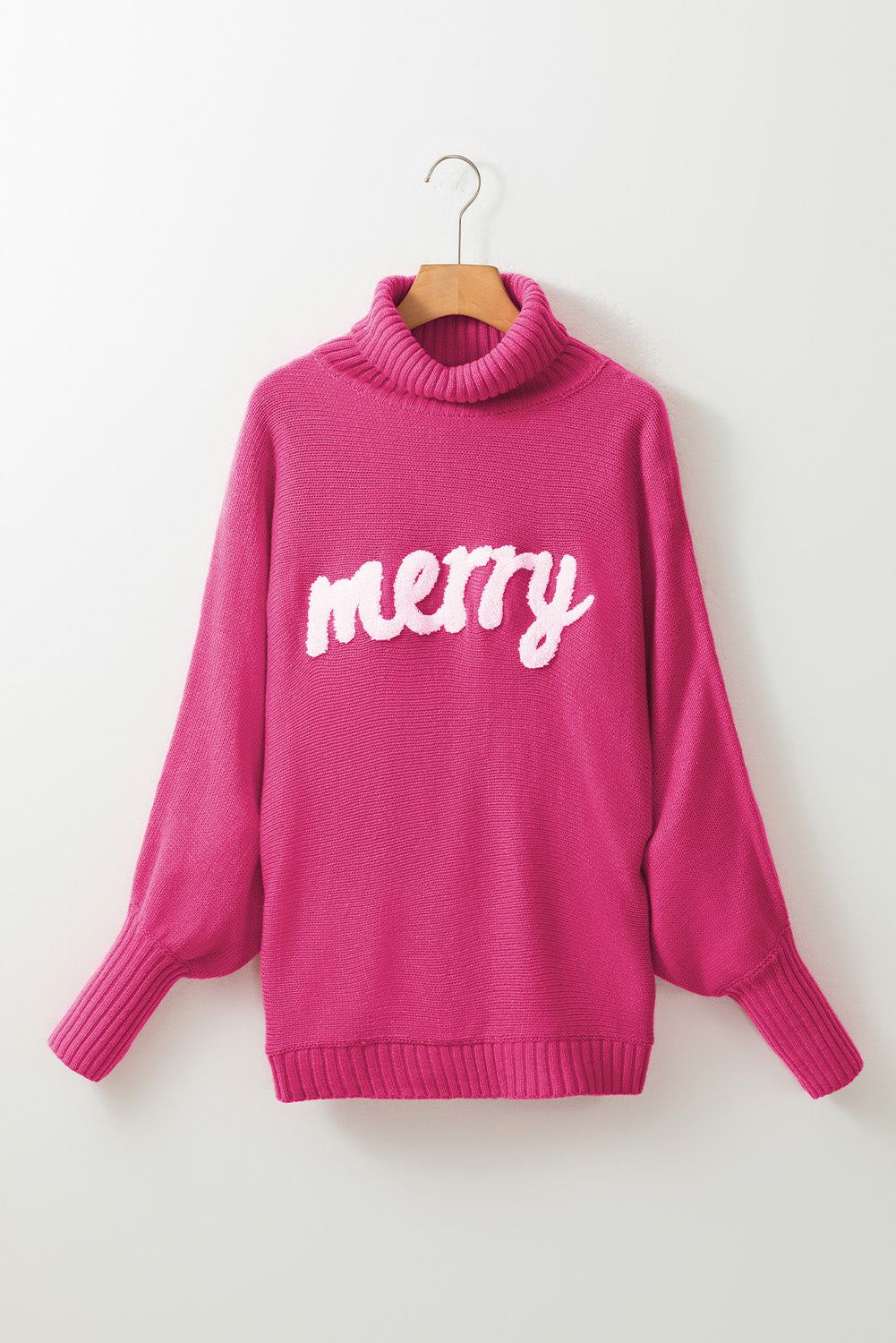 Christmas Merry Embroidered Puff Sleeve Turtleneck Sweater