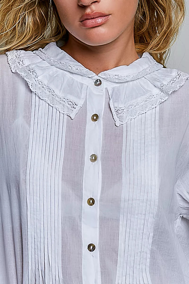 POL Woven Lace Trim Pintuck Button-Down Shirt