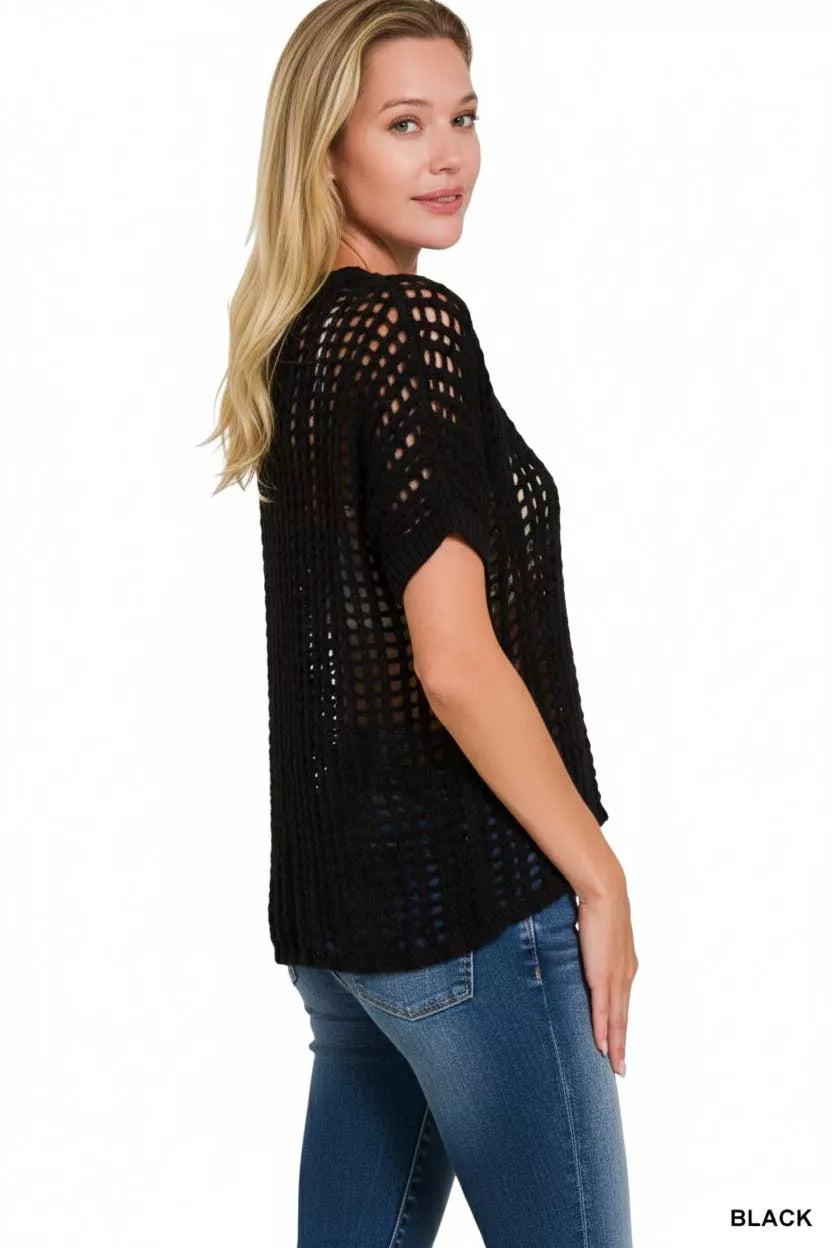 Zenana Fish Net Short Sleeve Crochet Knit Cover Up