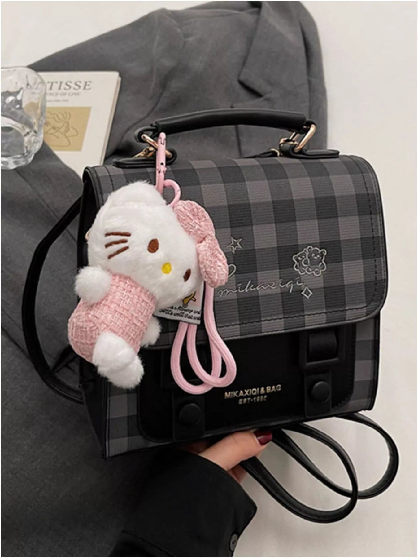 Plaid Pattern Embroidered Flap Backpack Bag