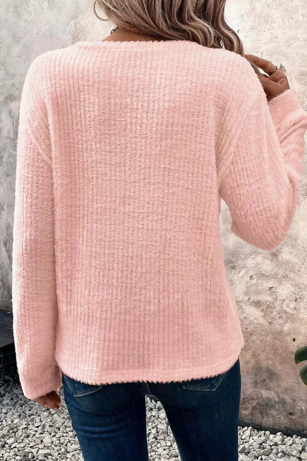 Fuzzy Ribbed Texture Round Neck Long Sleeve Top