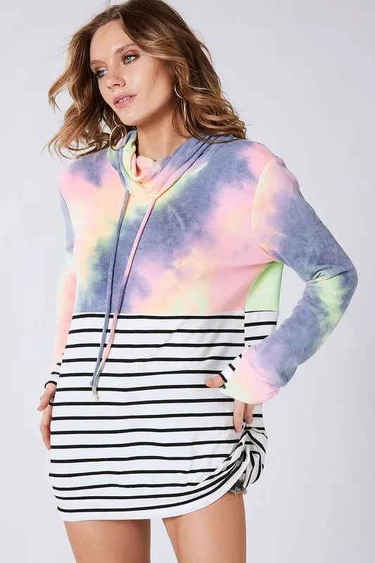 BiBi Tie Dye French Terry Cowl Neck Top