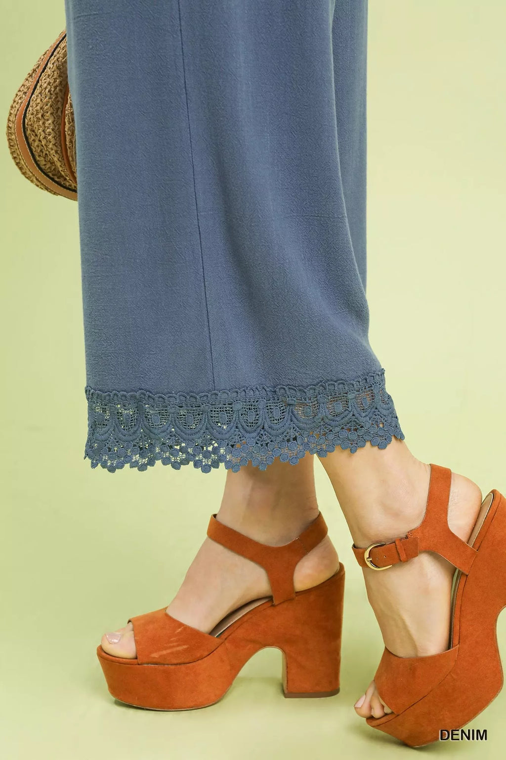 Umgee Linen Wide Leg Cropped Pants with Lace Trim