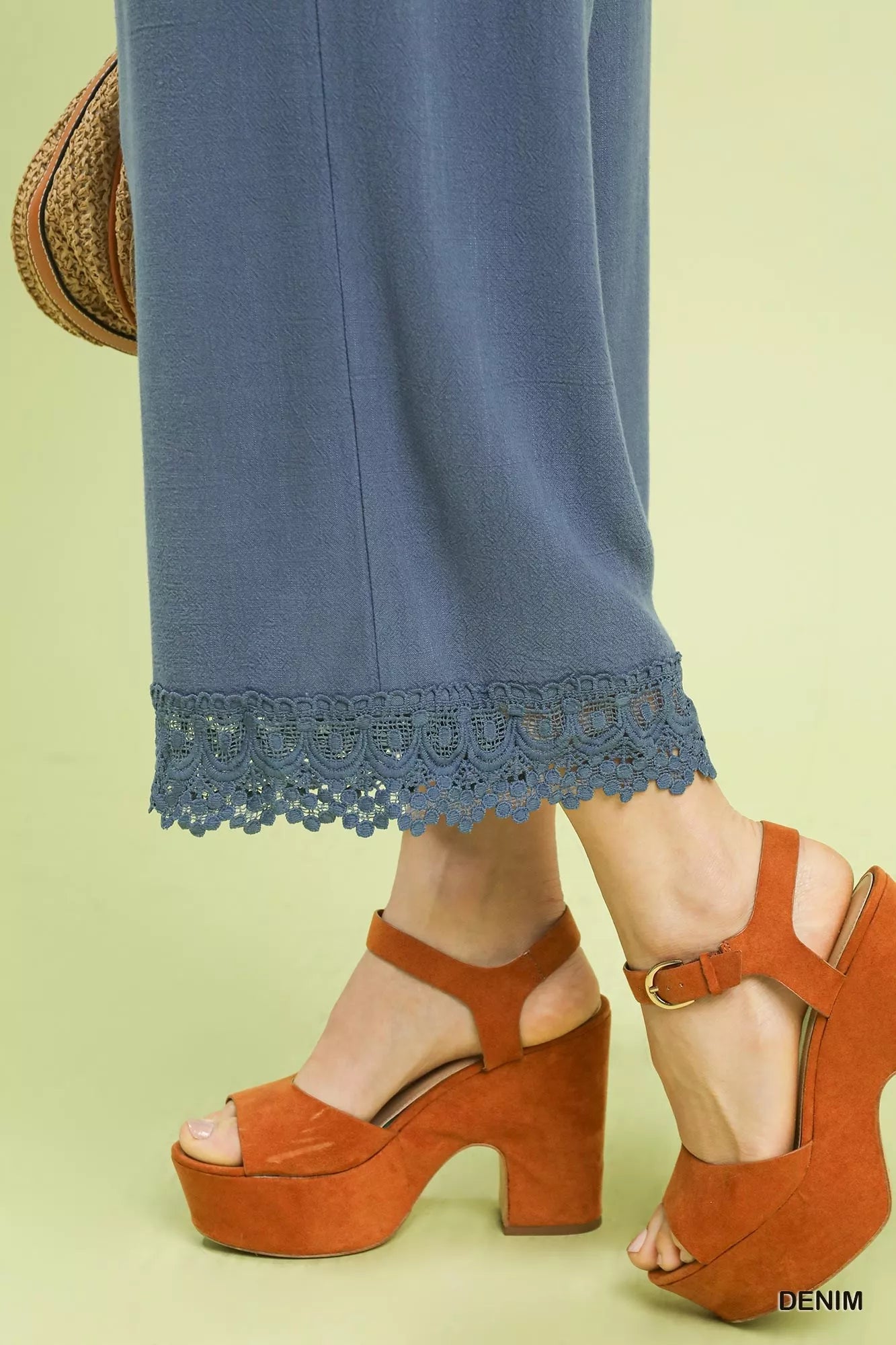 Umgee Linen Wide Leg Cropped Pants with Lace Trim