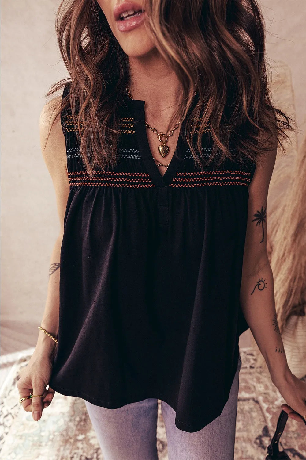 Boho Embroidered Sleeveless V-Neck Blouse