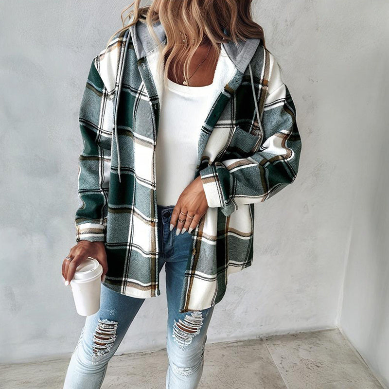Women's Plaid Hoodie Long Sleeve Jacket With Pocket