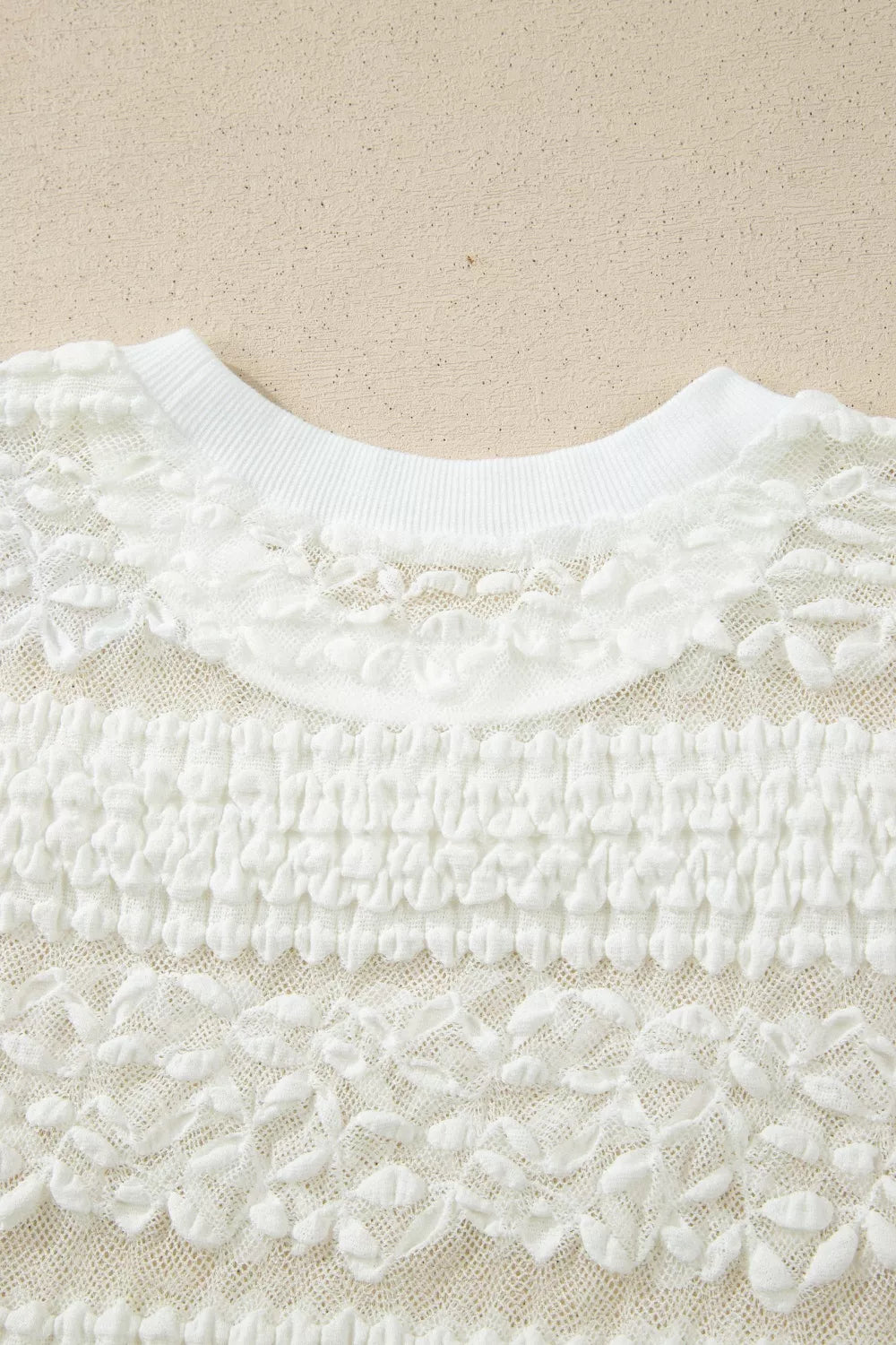 Sheer Lace Textured Patchwork Short Sleeve Top