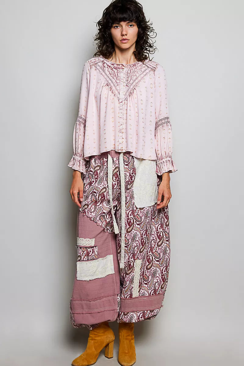 POL Mixed-Pattern Lace Detail Blouse