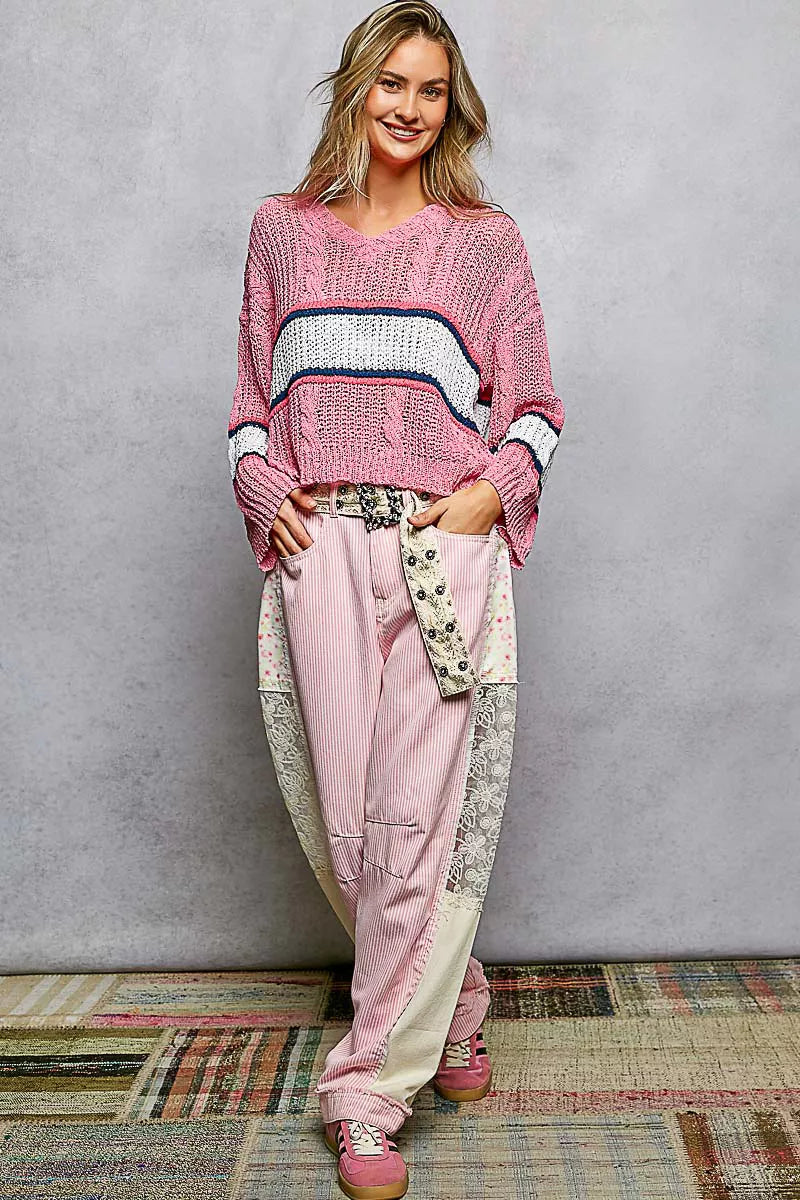 POL V-Neck Striped Pattern Cropped Knit Top with Cable Knit Detail