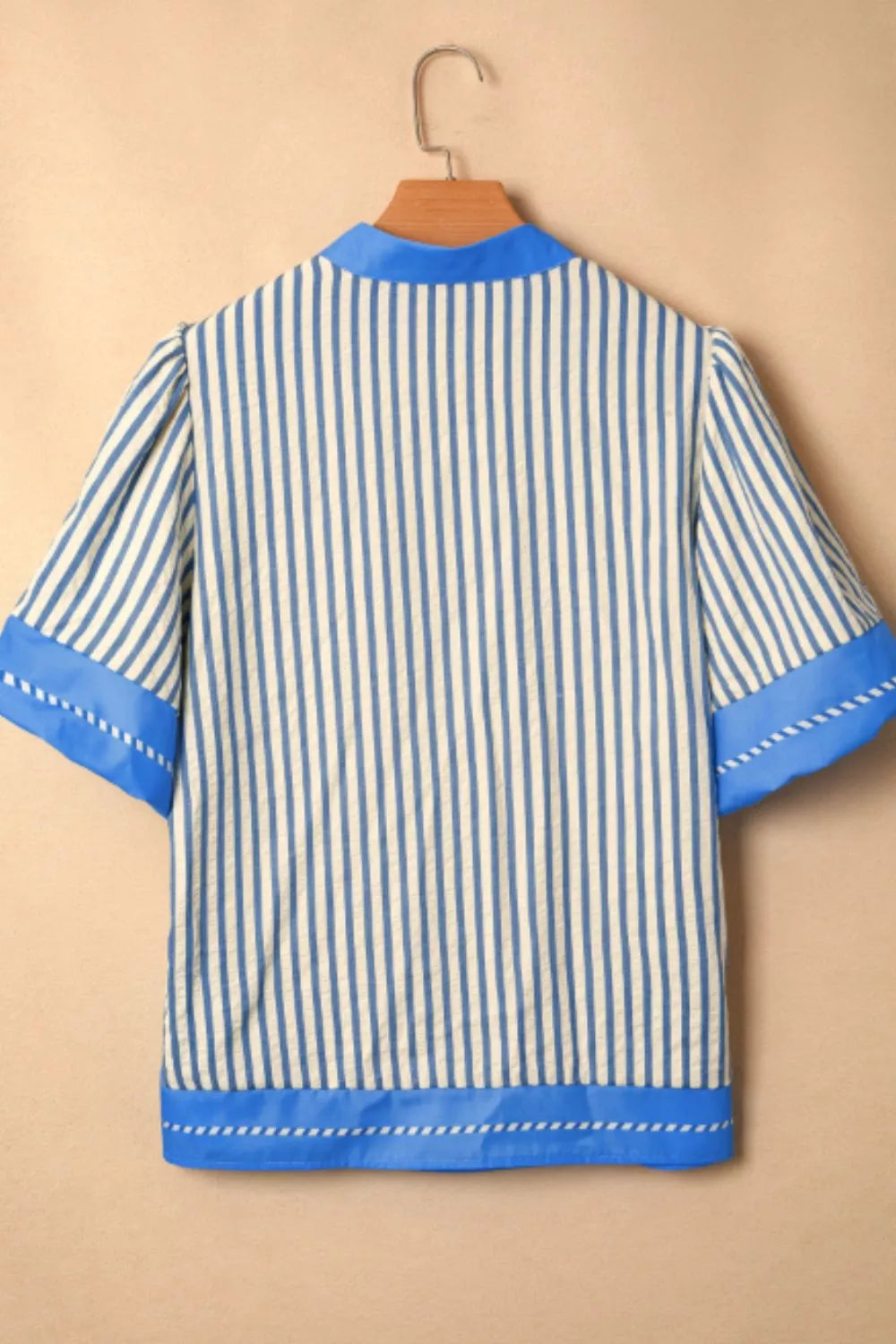 Stripe Color Block Detail V Neck Short Sleeve Blouse