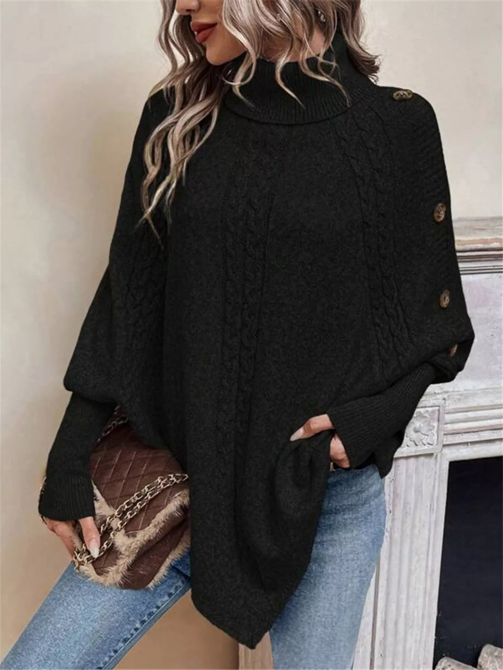 Cable Knit Turtleneck Cape Sweater