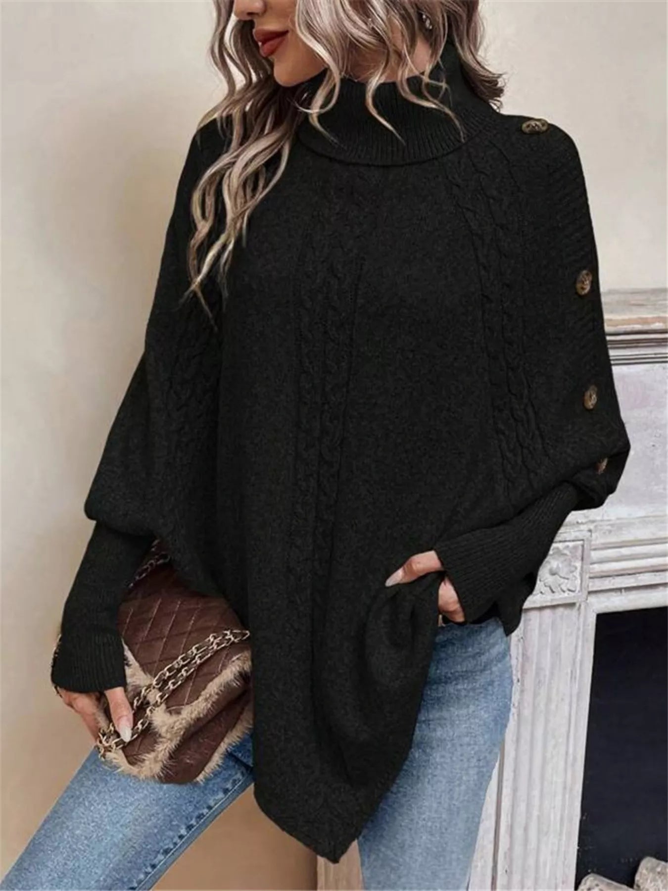 Cable Knit Turtleneck Cape Sweater