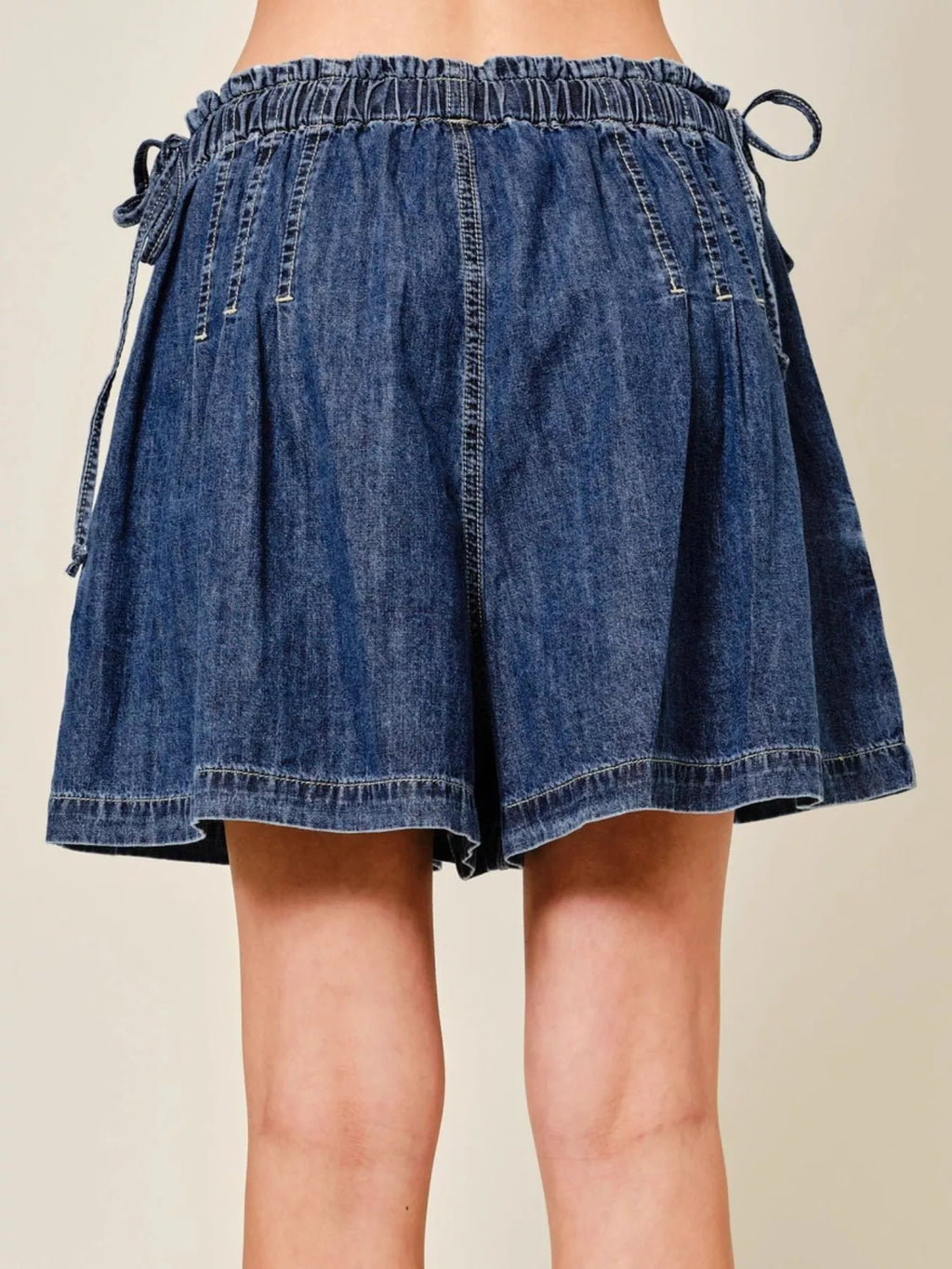 Pleated Elastic Waist Denim Shorts