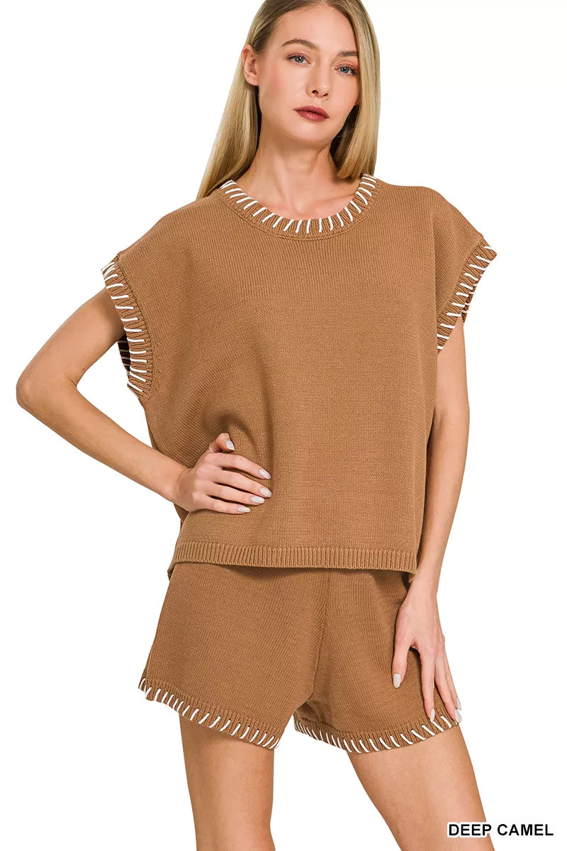 Zenana Stitch Detailed Sweater Shorts