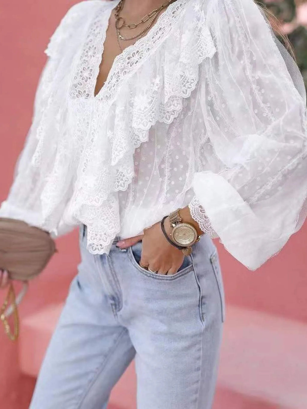 Lace Trim Ruffle V-Neck Long Sleeve Blouse