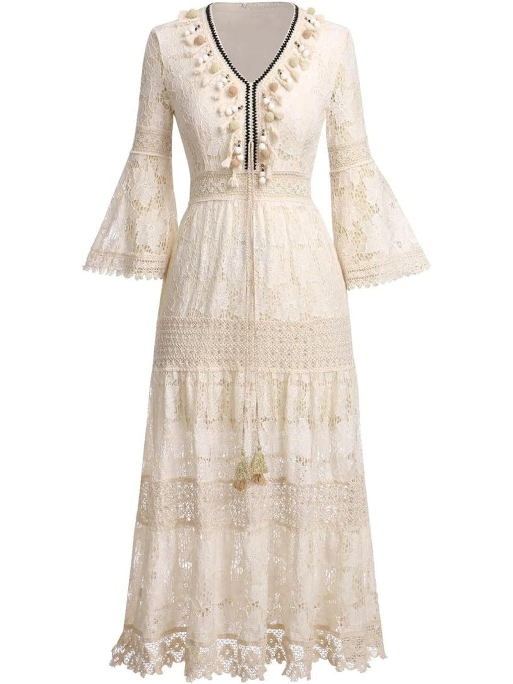 Bohemian Lace Maxi Dress with Bell Sleeves
