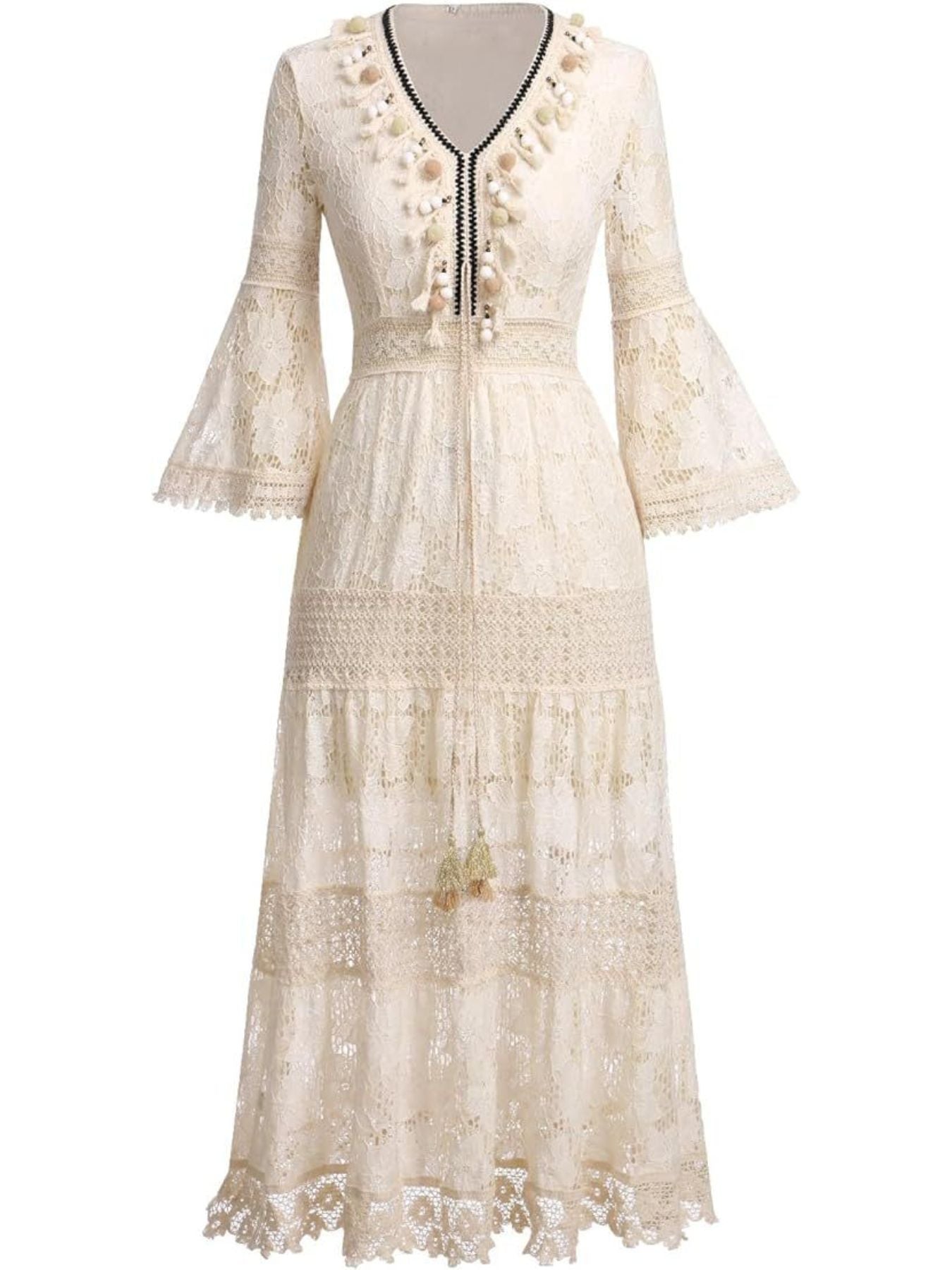 Bohemian Lace Maxi Dress with Bell Sleeves