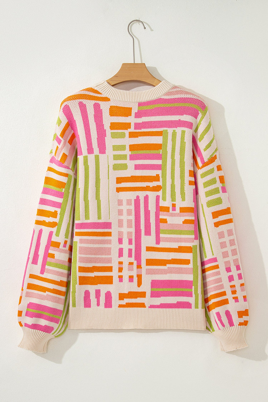 Geometric Stripe Crewneck Puff Sleeve Sweater