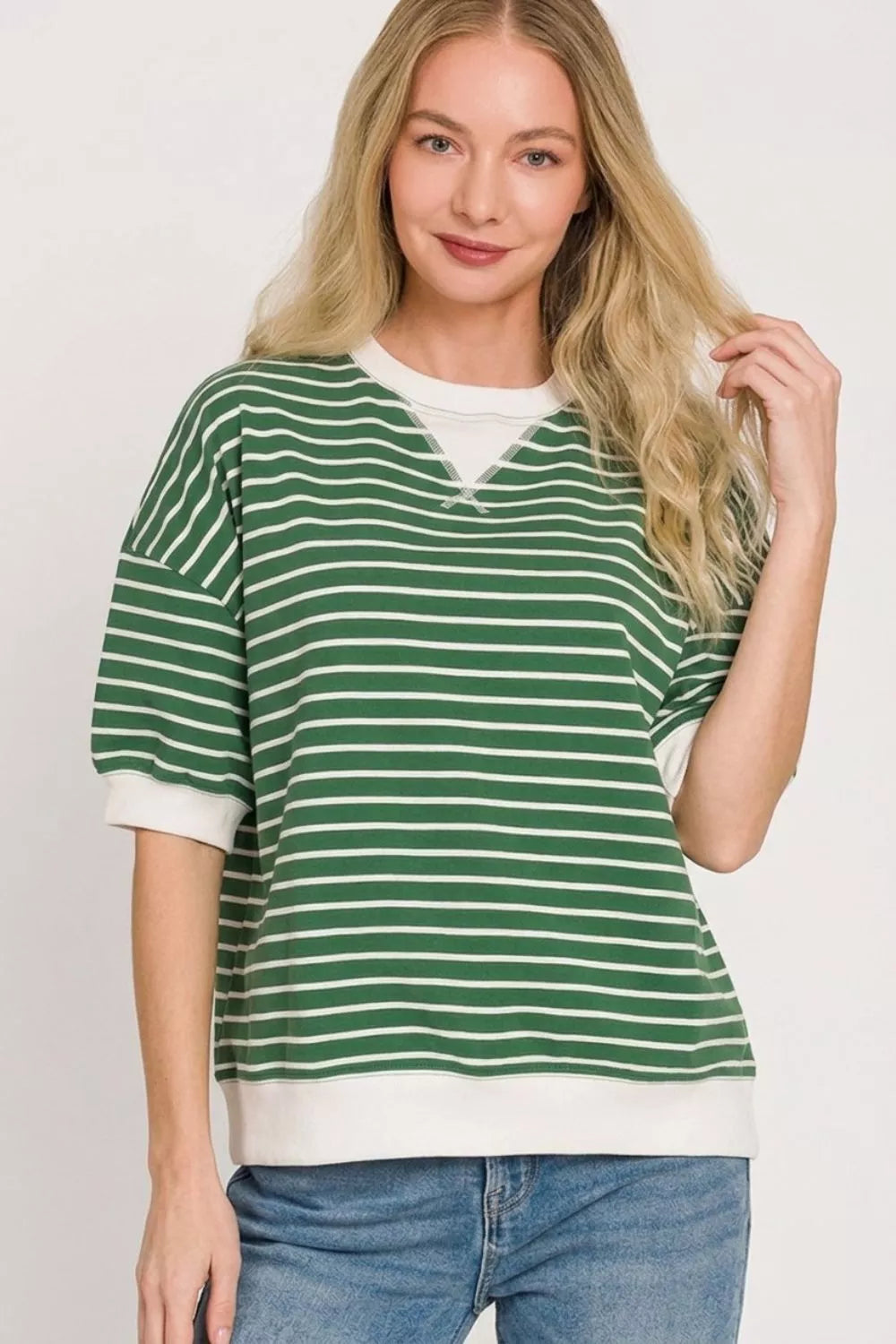 Zenana Striped Rib Banded Sweatshirt