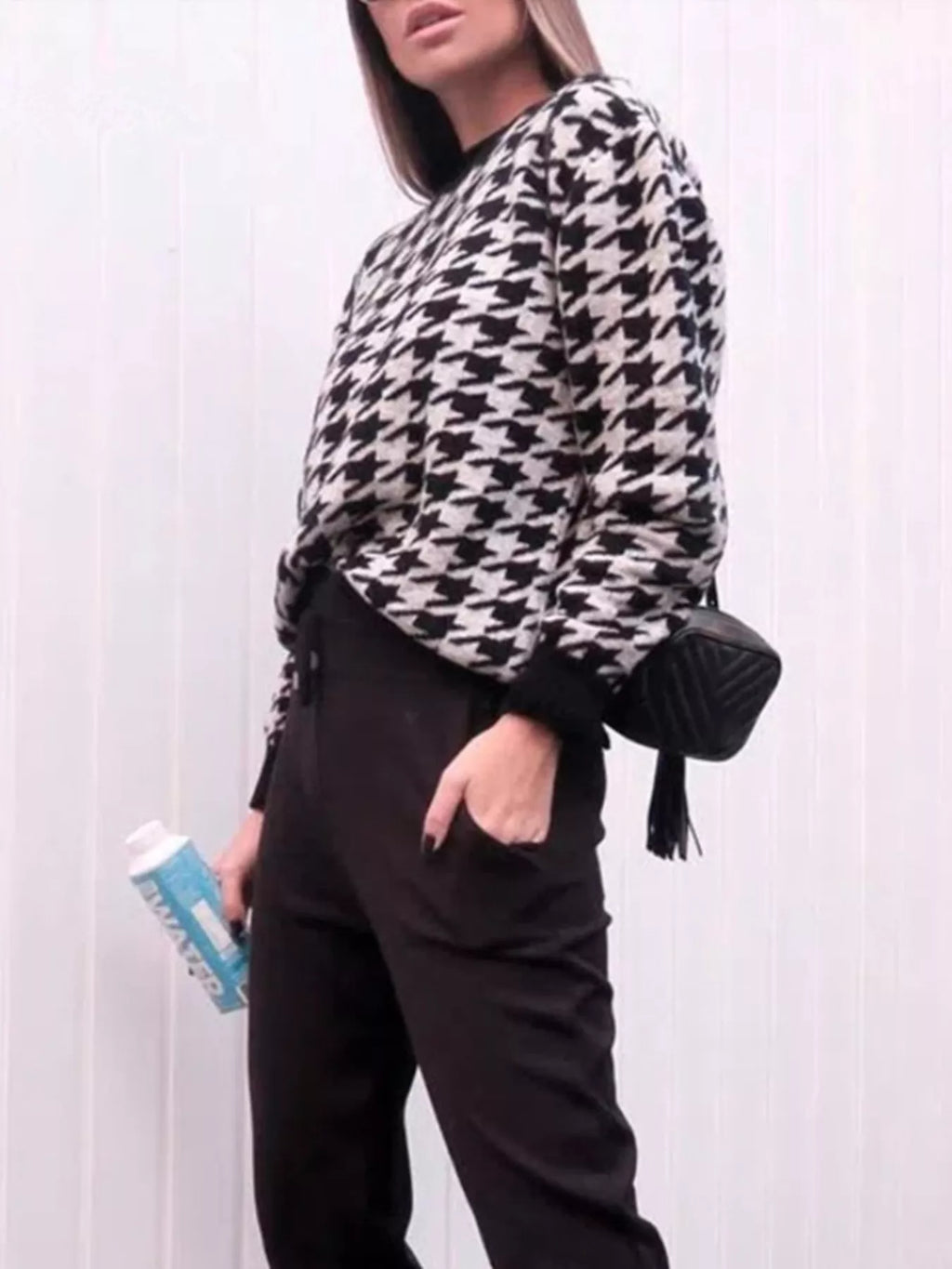 Full Size Houndstooth Pattern Oversized Sweater Plus Size