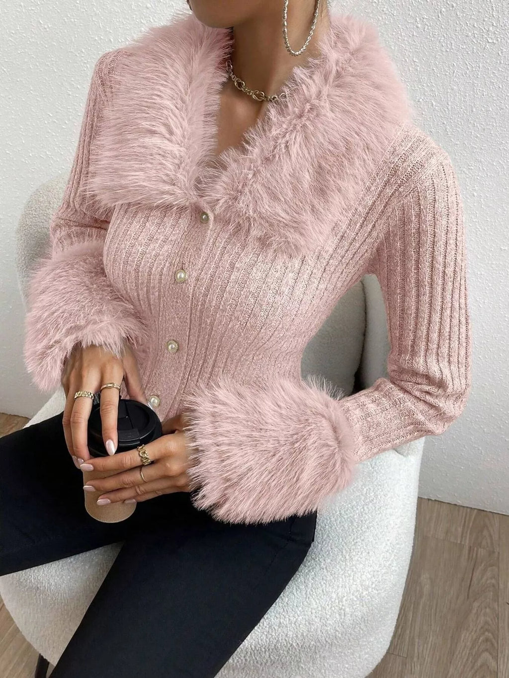 Faux Fur Trim Ribbed Knit Cropped Cardigan