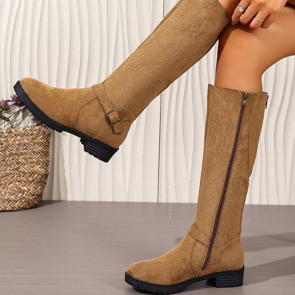 Knee-High Suede Buckle Accent Boots