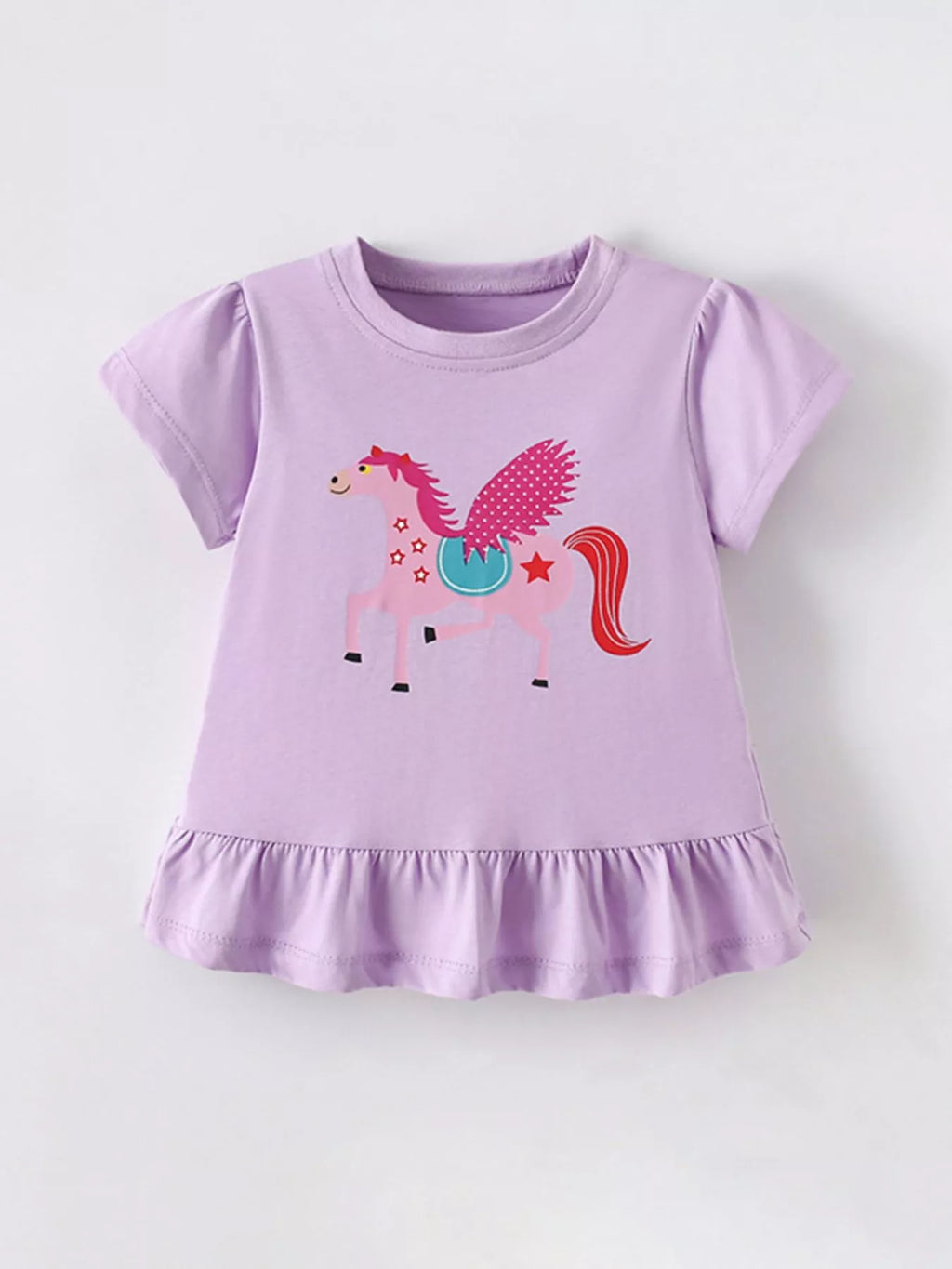Children's Cute Cartoon Horse Graphic Top with Ruffle Hem