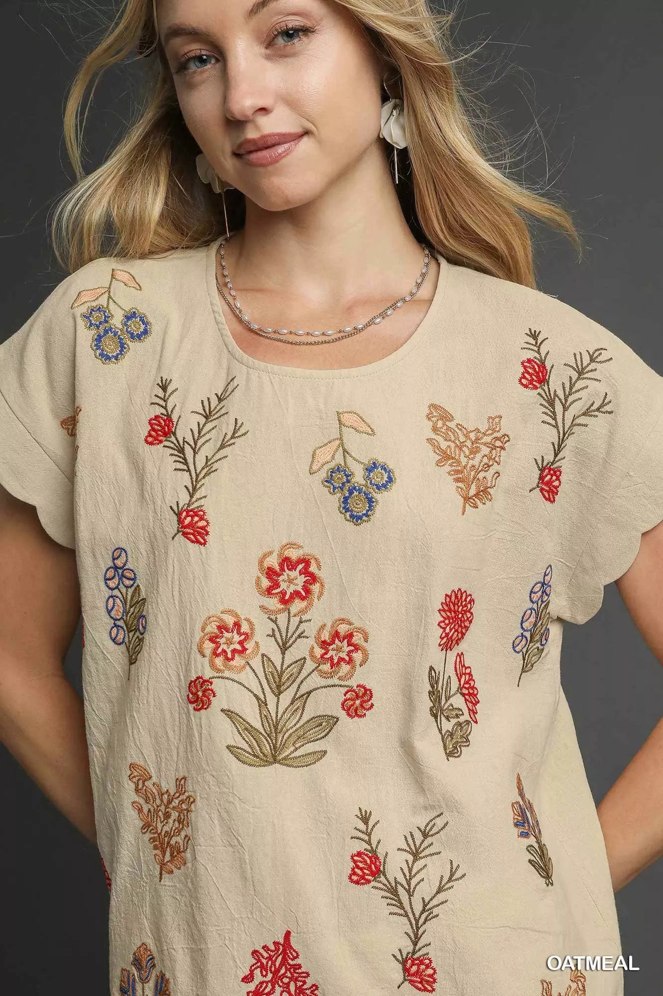 Umgee Embroidered Scallop Sleeve Top with Drawstring Hem