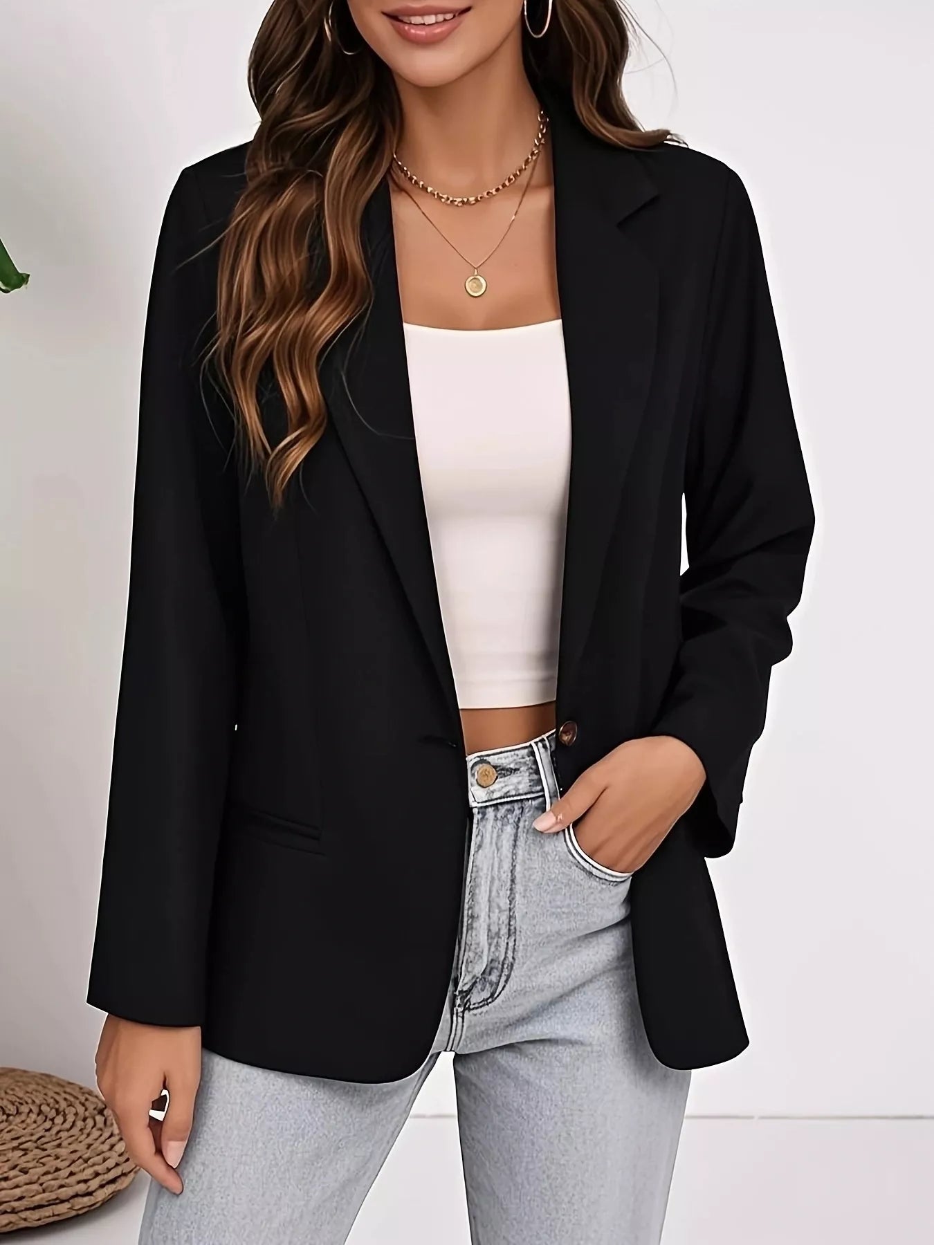 Plus Size Lapel Collar Single-Button Blazer