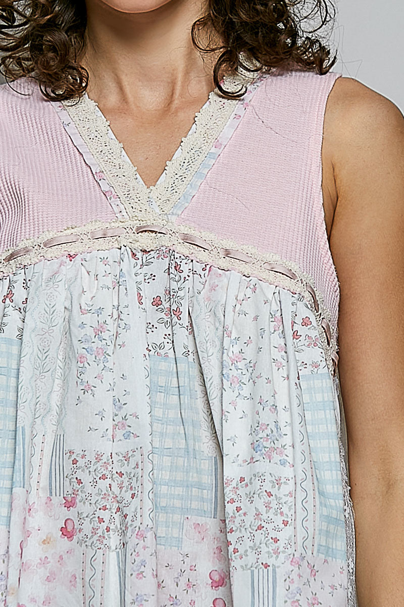 POL Floral V-Neck Sheer Tank with Lace Trim