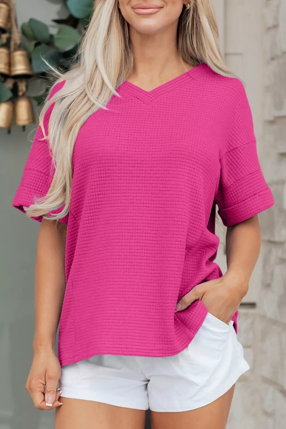 Textured Waffle Knit V-Neck T-Shirt