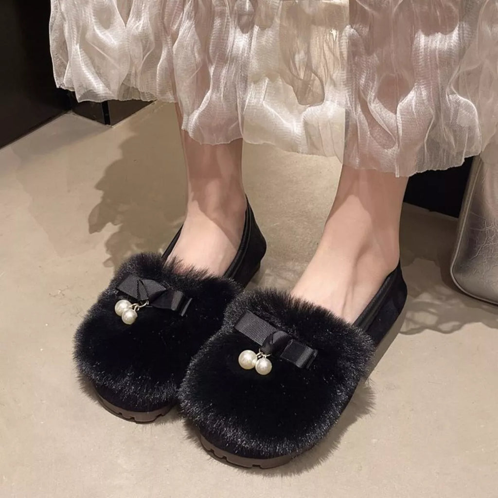 Fuzzy Pearl Bowknot Slip-Ons