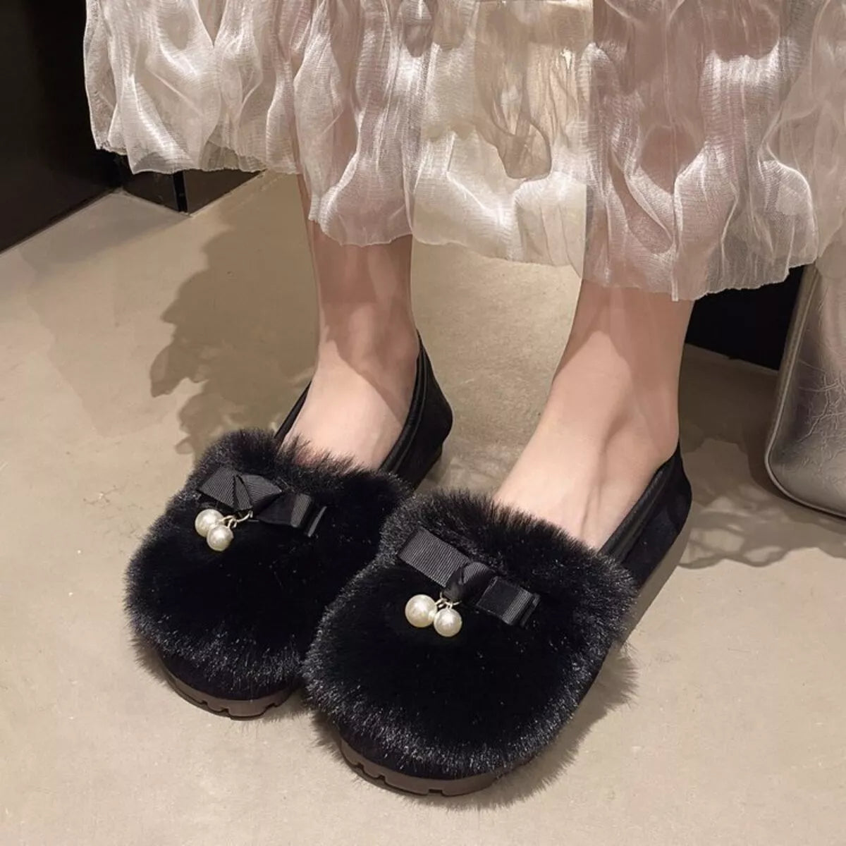 Fuzzy Pearl Bowknot Slip-Ons