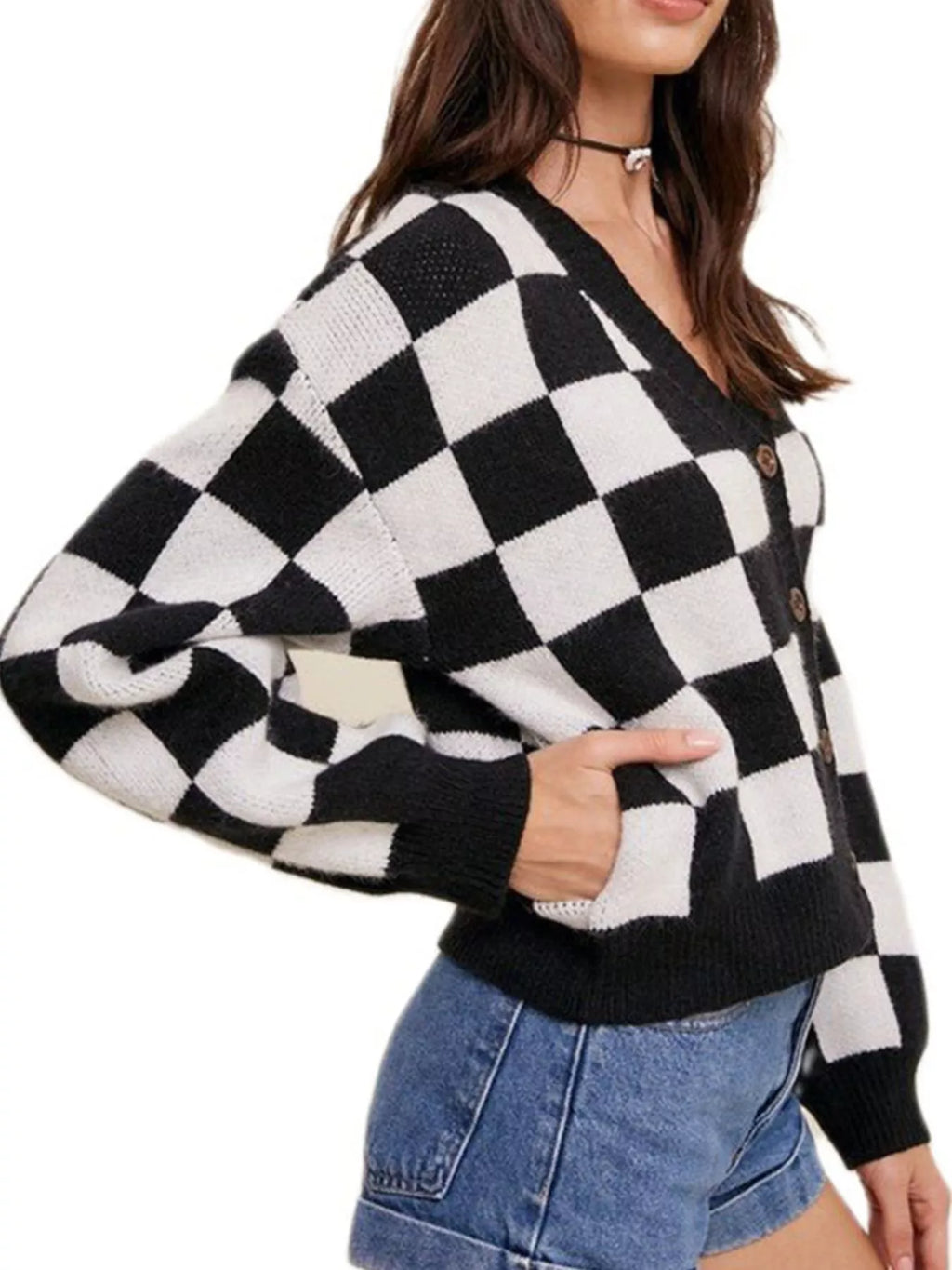 Checkerboard Pattern Button-Down Cardigan