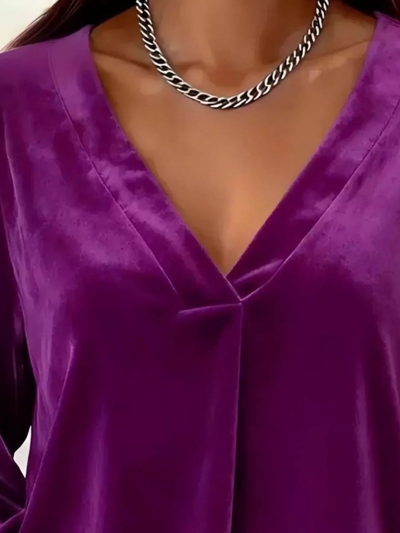 Full Size Velvet V-Neck Balloon Sleeve Blouse Plus Size