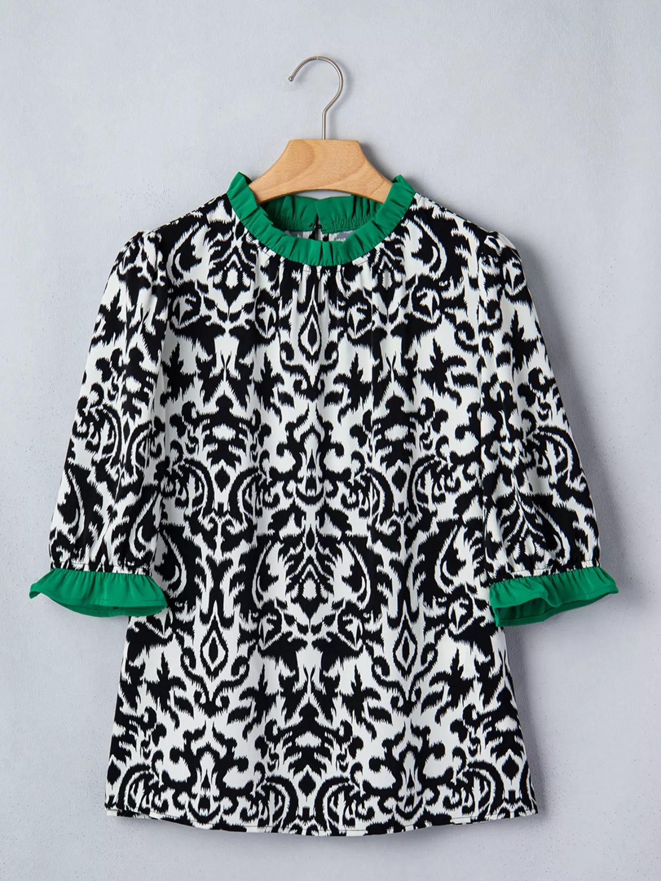 Damask Print Ruffled Color Block Detail Half Sleeve Blouse