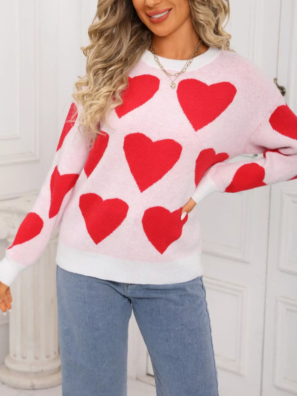 Valentine's Day Heart Round Neck Knitted Sweater