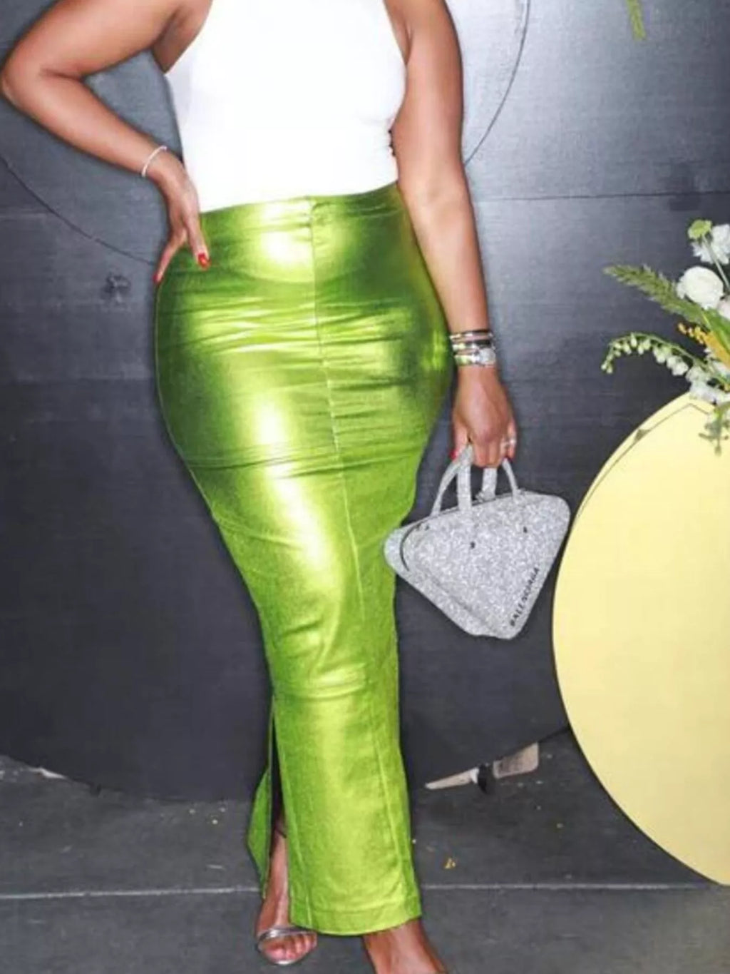 Shimmering Side Slit Bodycon Maxi Skirt