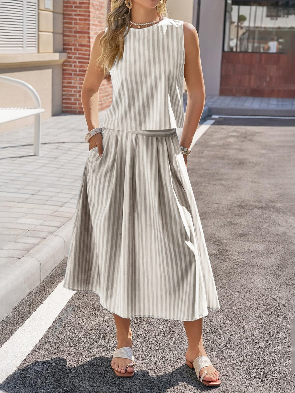 Striped Sleeveless Top and Midi Skirt Set
