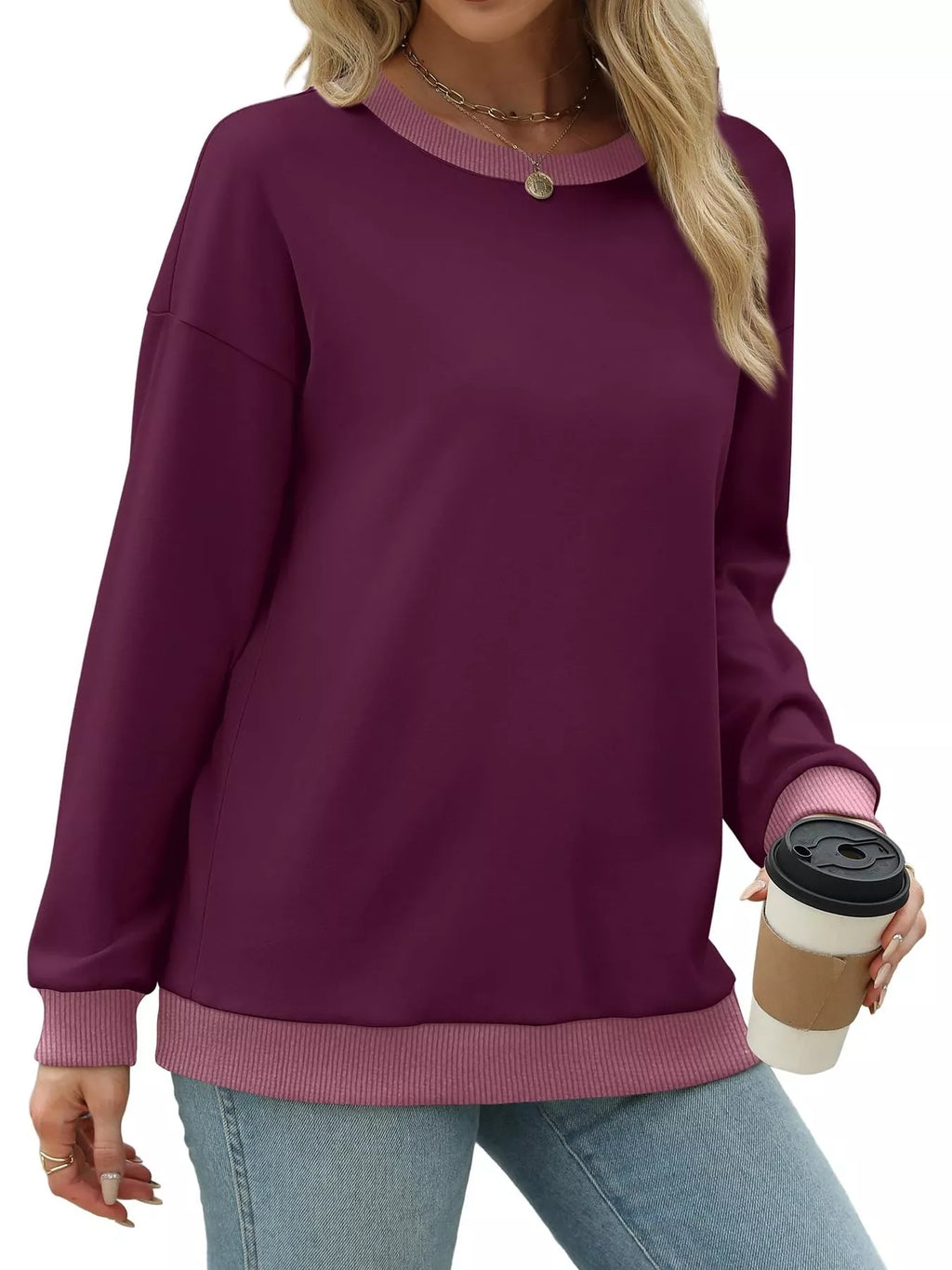 Contrast Trim Crew Neck Casual Sweatshirt