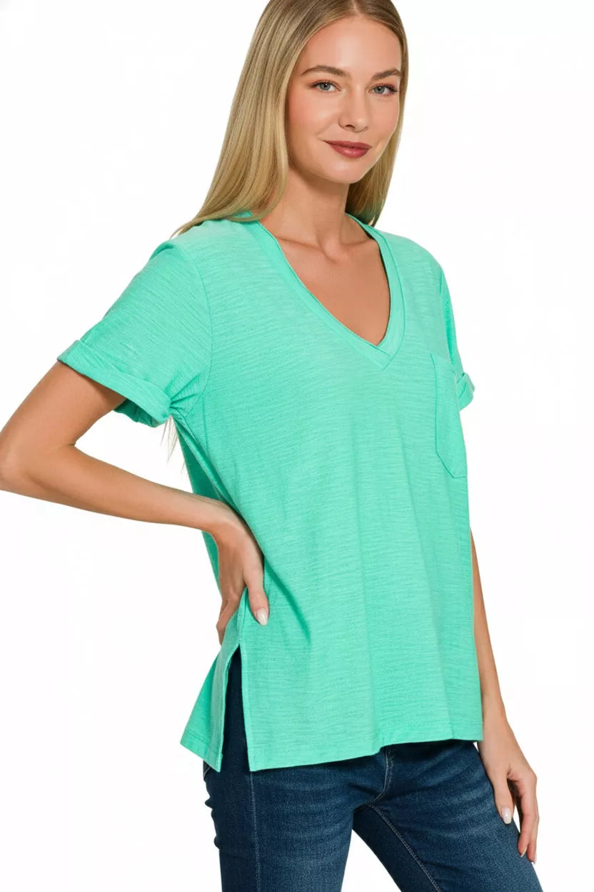 Zenana Slub Rolled Short Sleeve V-Neck Tee