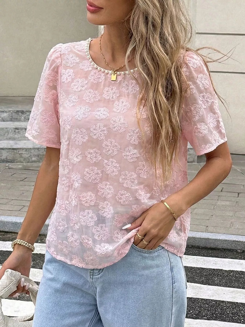 Floral Embroidered Pearl Trim Blouse