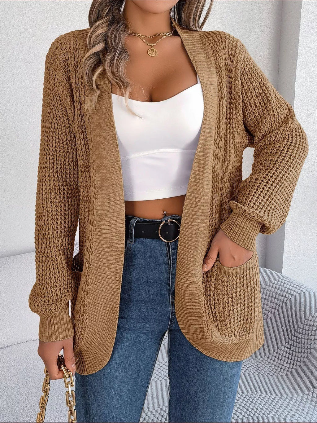 Chunky Knit Open Front Cardigan with Pockets