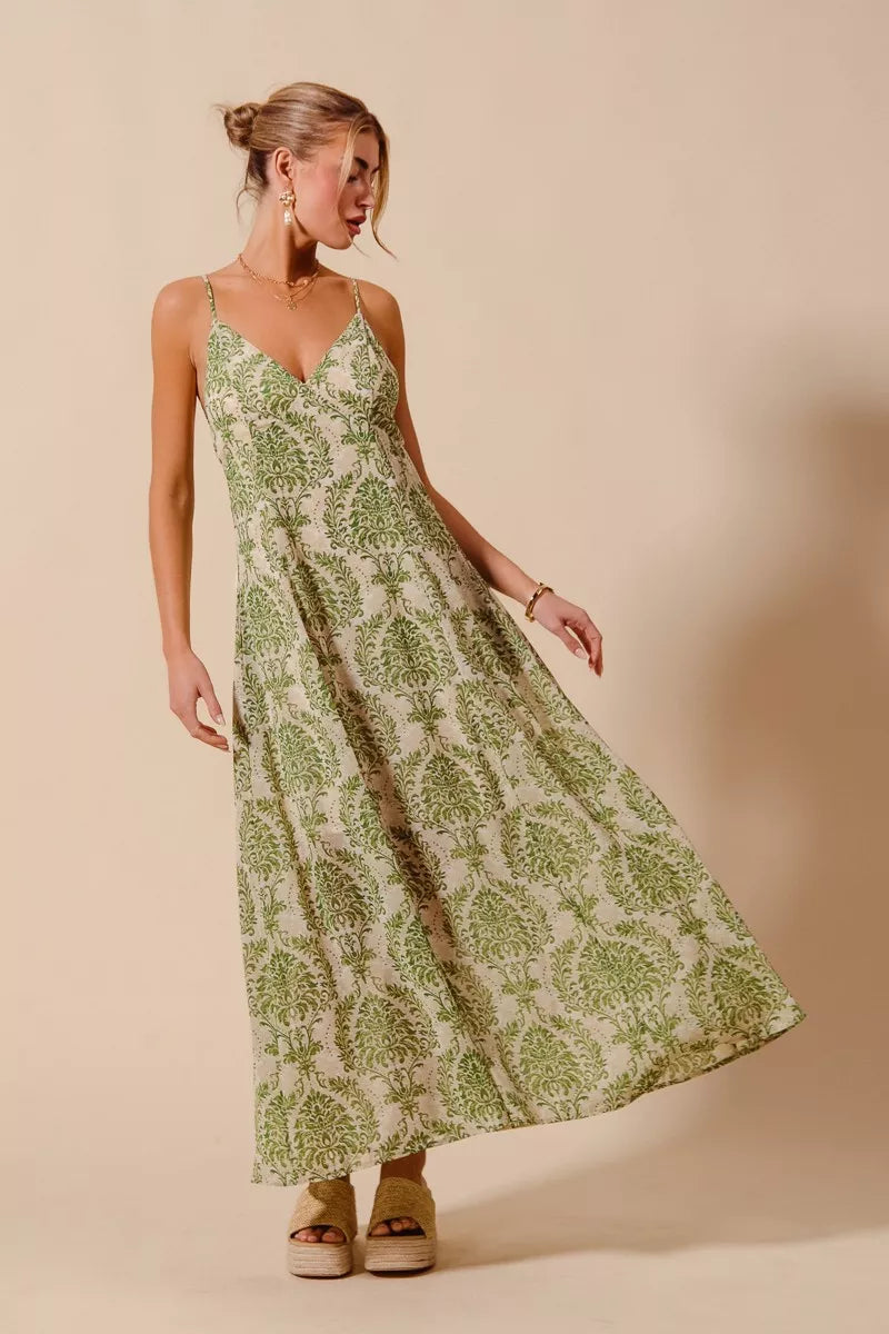SO ME Damask Floral Summer Maxi Flowy Dress With Open Back