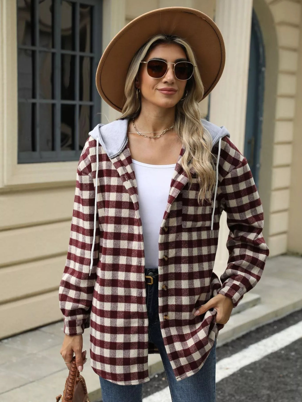 Plaid Button Up Long Sleeve Drawstring Hooded Jacket