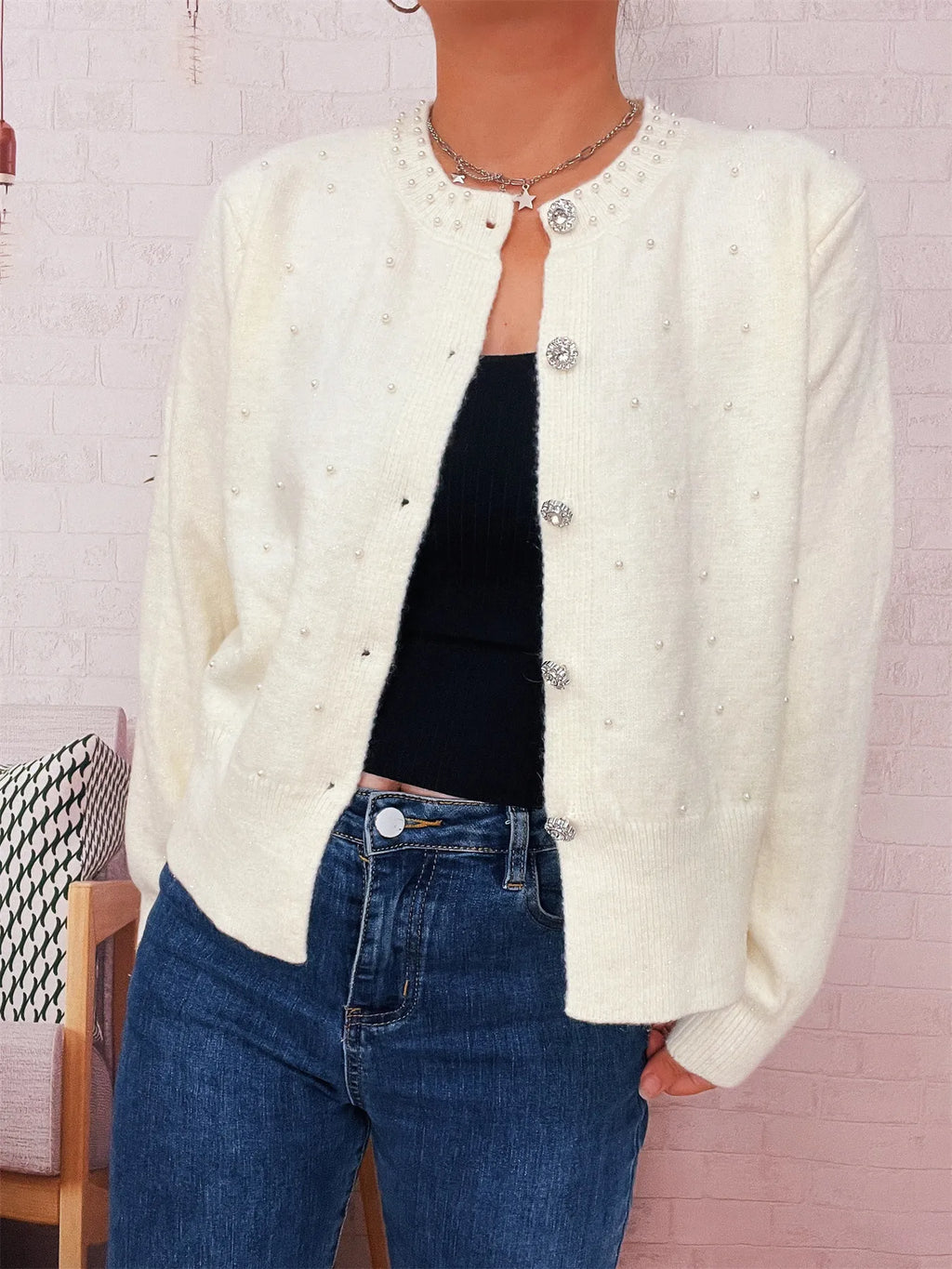 Pearl Detail Button-Front Cardigan