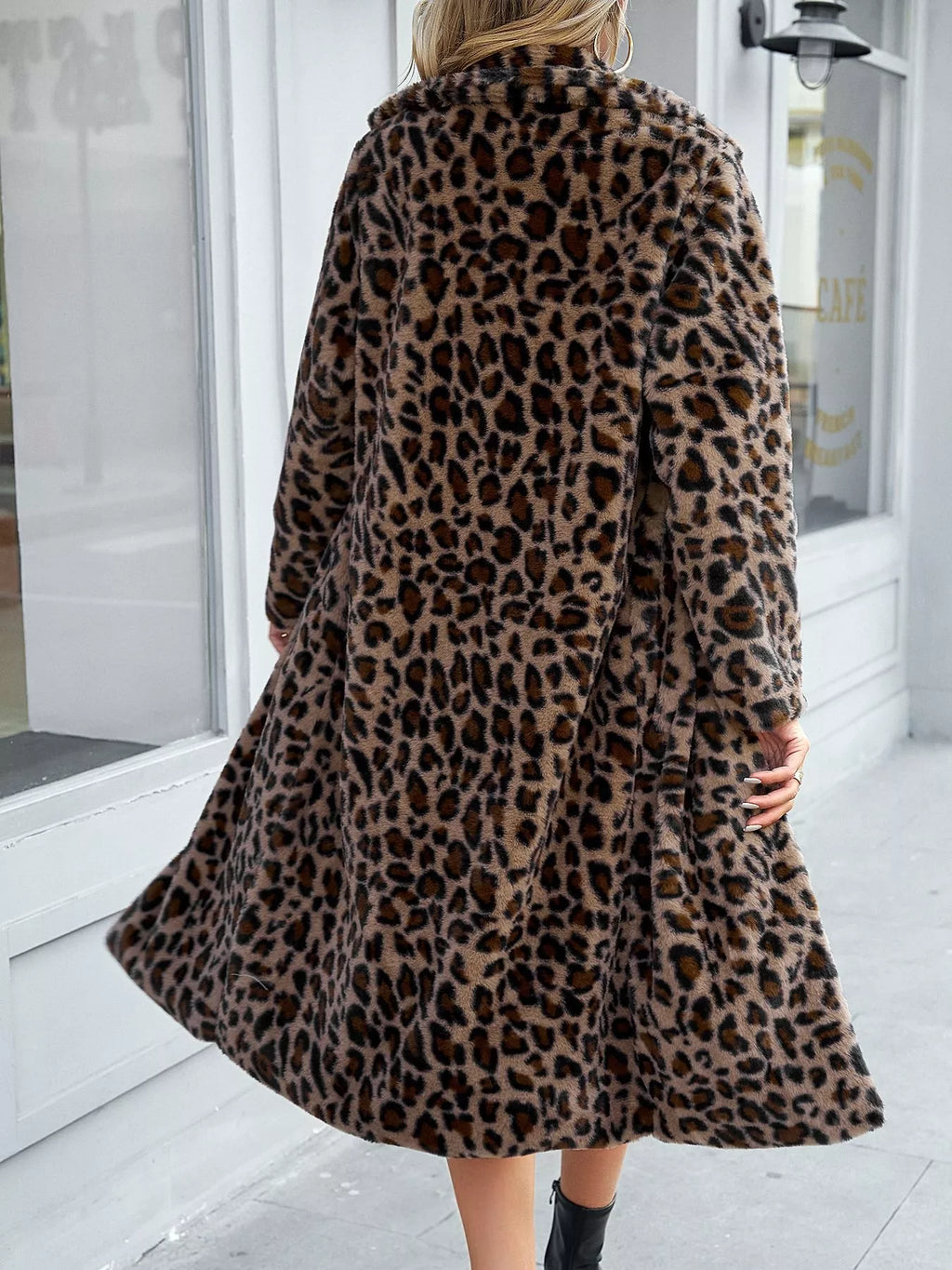Leopard Print Faux Fur Longline Coat