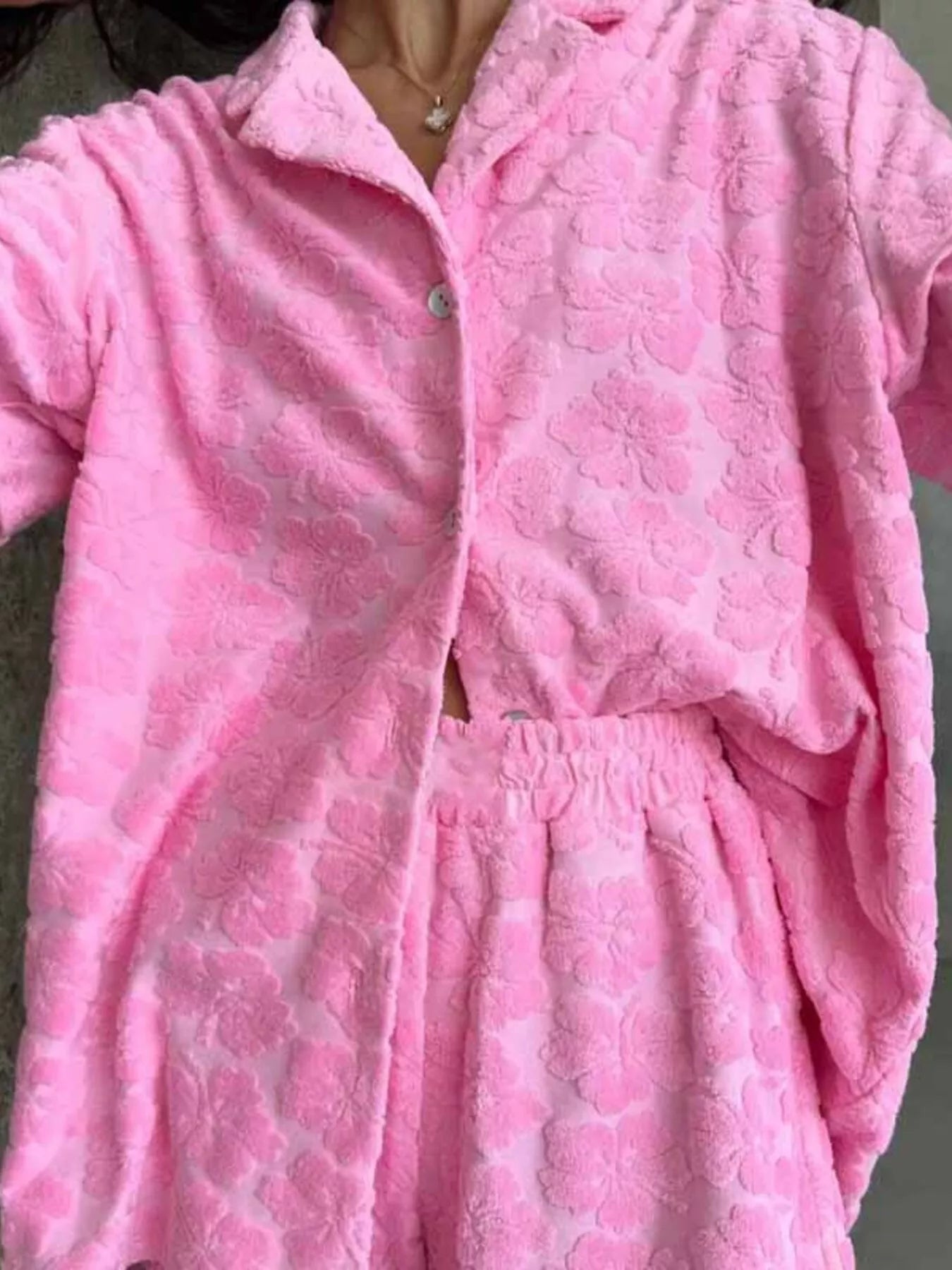 Floral Textured Button Up Shirt and Shorts Set